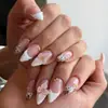 Uñas Postizas Usables Forma Almendra Estampado de Leopardo Blanco Francés 3D Estéreo Flores Dulces Perlas de Acero Uñas Postizas Desmontables