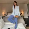 Nuevo Otoño/Invierno 2658 # Estilo Coreano Casual Holgado Manga Larga Pantalón Largo Rayón Ropa de Casa Cómodo Pijama de Cuello Redondo para Mujer