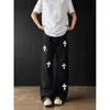 Calça jeans branca da moda de luxo leve estilo americano com bordado cruzado para homens e mulheres, calça longa de corte reto slim fit levemente alargada da alta rua