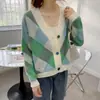 Suéter com padrão de losangos estilo coreano para mulheres, estilo casual e descontraído, cardigã de tricô com bloqueio de cores na gola V, nova coleção de outono para mulheres