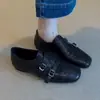 Estilo Británico Brogue Piel Negra Hebilla Retro Zapatos Pequeños de Piel para Mujer Planos Slip-On Mocasines