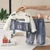 Conjunto de Ropa de Otoño para Niños 2026, Elegante Sudadera de Mezclilla con Retazos de Manga Larga Conjunto de Dos Piezas para Niños, Moda al por Mayor
