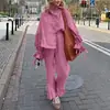 Amazon Export Conjunto de Algodón para Mujer Otoño Nuevo Cardigan con Solapa y Manga de Campana Top Pantalones Casuales Conjunto de Dos Piezas