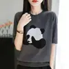 Camiseta de punto fino de manga corta con cuello redondo para mujer, nueva para primavera y verano, camiseta base bordada, top fino para capas, al por mayor