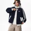 Sudadera deportiva estilo patchwork americano para hombre y mujer, chaqueta casual de moda de otoño, chaqueta de béisbol a rayas con cuello alto de alta costura