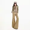Traje de mezclilla transfronterizo, chaqueta para mujer, ligeramente acampanada, estilo retro americano, chaqueta caqui, pantalones largos color café y marrón, longitud extendida color café y marrón