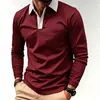 Camisa Polo Casual de Manga Larga para Hombre, Azul Marino con Cuello de Contraste y Tapeta de Botones, Adecuada para el Uso Diario