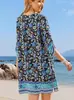 Vestido de Verano 2025 Nuevo de Amazon para Mujer, Corte A, Estampado, Manga Tres Cuartos, Abertura en el Dobladillo, Decoración de Borlas