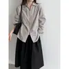 Camisa Luxi Vintage de Botões de Concha Listrada para Mulheres, 26º Estilo Novo de Outono, Elegante Gola Lapela Versátil Oversized 8535