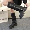 Botas de Pantalón de Tacón Grueso para Mujer, Botas de Pana Plisada con Hebilla de Cinturón y Punta Redonda, Botas Altas de Estilo Británico Talla Grande Otoño 2025