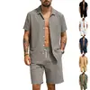 Camisa jacquard de linho de marca independente transfronteiriça com listras verticais, gola de lapela masculina, abotoada, modelagem solta, respirável, camisa casual masculina de manga curta