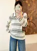 Blusa de tricô listrada com gola polo feminina plus size 2026 outono plus size vazada fina solta base