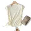 Ropa Única/ Diseño de Fruncido Lateral para Cintura Estilizada, Top Corto de Punto de Seda Hielo Lino con Cuello en V y Mangas Cortas con Volantes Pequeños