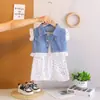 Nuevo Conjunto de Verano para Niñas: Elegante Conjunto de Dos Piezas para Niña de Verano: Falda de Mezclilla con Puntos y Mangas Cortas