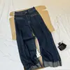 Pantalones vaqueros de mujer estilo coreano 2026 con bolsillos de contraste, dobladillo doblado, pierna recta ancha, adelgazantes, longitud corta