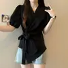 Ropa para Mujer Tallas Grandes para Chicas Gordas, Top de Satén de Manga Abullonada con Cuello en V para Verano, Camisa Asimétrica de Manga Corta con Lazo en la Cintura, Delgada