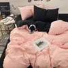 Nuevo Estilo Ins Color Sólido Dos Tonos Algodón Lavado Juego de Cuatro Piezas Sábana Suave y Sencilla Funda Nórdica Cama de Dormitorio Estudiantil Juego de Tres Piezas 4