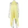 Ropa de mujer de color liso de comercio exterior estilo europeo y americano, vestido de calle de moda holgado con cuello alto y falda irregular de lujo ligero sin mangas