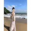 Vestido de alça halter floral rosa novo conjunto feminino de verão duas peças vestido longo de férias