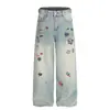 Etiqueta Adesiva Cartoon Retro Americana Jeans Estampado para Homens e Mulheres 2025 Calças Casuais Largas Slim de Perna Larga
