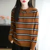 Diseño de bordado de letras en jacquard, cuello polo, suéter de nicho, lana pura, tejido de punto a rayas, bloques de color, talla de mujer 10
