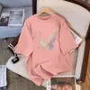 Camiseta de Manga Corta de Algodón Puro Estilo Coreano Verano Estampado de Mariposas para Mujer 2026 Nuevo Holgada Versátil Casual Top de Media Manga