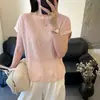 T-shirt Feminina de Tricô Ice Silk Manga Curta Estilo Novo 2026 Fina de Algodão Bambu Top Curto Solto Meia-Manga