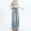 Jeans de Campana Azules Retro con Patrón de Rayos para Mujer Primavera 2025 Estilo Americano Cintura Alta Holgados con Caída Pierna Ancha