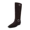 Fivela de Cinto Estilo Europeu Botas de Cowboy Ocidental 2025 Inverno Salto Médio Grosso Bico Quadrado Pequeno Camurça Cano Alto Botas Longas para Mulheres