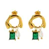 Pendientes de Acero Inoxidable Chapado en Oro de 18K con Zircón Esmeralda y Perla de Agua Dulce, Pendientes de Lujo Ligero de Alta Gama