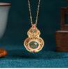 Elyuan antigo banhado a ouro natural jade Hetian Jasper chinês retro Fu Lu cabaça Ruyi colar sachê oco