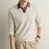 Estilo Old Money Jersey con Cuello de Gaviota para Hombre Otoño/Invierno 2026 Nuevo Llegado Solapa Base Cepillada Camiseta Casual de Manga Larga para Hombre