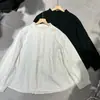 Elegante Camisa de Algodón Plisado con Cuello Alto de Encaje Blanco y Negro, Manga Larga para Mujer, Nuevo Estilo Otoño