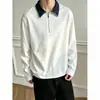 Camisa Polo Color Block Preto e Vermelho Costurada à Mão Masculina Outono Capuz com Zíper Parcial e Gola Camisa cleanfit Camiseta de Manga Longa Pesada