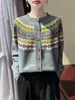 Cardigan de Tricô Retrô Mochi Veludo Gola Redonda Manga Longa Feminino Jacquard Fair Isle Peça de Roupa Externa Outono/Inverno 2026