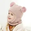 Venta Caliente Set de Gorro y Bufanda Doble Bolas Retorcidas Integrado Invierno para Niños Gorro con Protección para las Orejas Más Terciopelo Bebé Tejido Pequeño