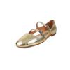 Sapatos Mary Jane rasos de couro com bico redondo, respiráveis, laterais vazadas, dourados e prateados, nova coleção primavera/verão 2025, fivela dupla
