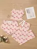 Conjunto de Pijama Feminino de Três Peças Casual Doce com Estampa de Desenho Animado, Novo Lançamento Mais Vendido, Adequado para Pijamas Estilo Europeu e Americano