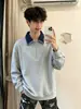 Camisa Polo Gruesa con Media Cremallera para Hombre Bloque de Color Solapa Puntada de Contraste Manga Larga Superior Holgado Casual