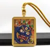 Pingente Thangka Dourado Pintado à Mão de Dupla Face com Escrituras Embutidas, Cinco Deuses da Riqueza, Pingente Thangka do Passado e do Presente