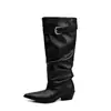 Botas de montar de diseño único con punta fina y hebilla para mujer, modelo 2026, botas altas de tacón grueso, botas largas de cuero genuino plisado