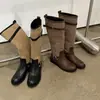 Botas de montar de piel de vaca y pelo sintético en bloques de color, botas largas de caña alta para mujer, nuevo estilo de invierno, cuero genuino, punta redonda, tacón medio, botas hasta la rodilla para mujer