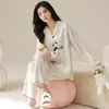 Conjunto de pijama de outono, algodão puro, novo estilo casual de desenho animado para mulheres, pode ser usado fora, cardigã com lapela, conjunto de duas peças para casa