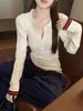 Tejido de Punto Retro con Rayas de Contraste y Cuello Polo para Mujer 2025 Otoño e Invierno Nuevo Estilo Look Adelgazante Top de Manga Larga Trendy