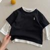 Camiseta de Manga Larga para Niños Primavera y Otoño Estilo Japonés para Niños Camiseta de Algodón 100% Falsa de Dos Piezas Camiseta Básica Elegante para Niños Pequeños Top para Niños Pequeños