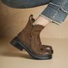Botines Cortos de Tacón Grueso y Suela Gruesa Estilo Británico Pulidos para Mujer Otoño e Invierno 2025 Piel de Vaca de Primera Capa Punta Redonda Cremallera Doble Botas Chelsea
