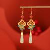 Pendientes largos de plata de ley S925 bañados en oro con diseño de ciervo, jade hetiano, cloisonné, moneda vintage, hierba de cuatro hojas y flor de ciruelo.