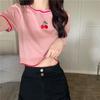 Camiseta de Manga Corta Bordada con Cerezas para Mujer Verano Nuevo Diseño Nicho Cintura Alta Corta Chic Top Tejido de Punto Tendencia