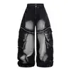Calça Cargo Rasgada com Bainha Crua Estilo High Street Americano para Homens e Mulheres Outono Bolso com Aba Zíper Lavada Desbotada Jeans de Perna Larga