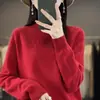 Suéter base de punto 100% lana sin costuras de una sola pieza estilo coreano con cuello semi-alto hueco, color liso, nuevo para otoño e invierno, para mujer